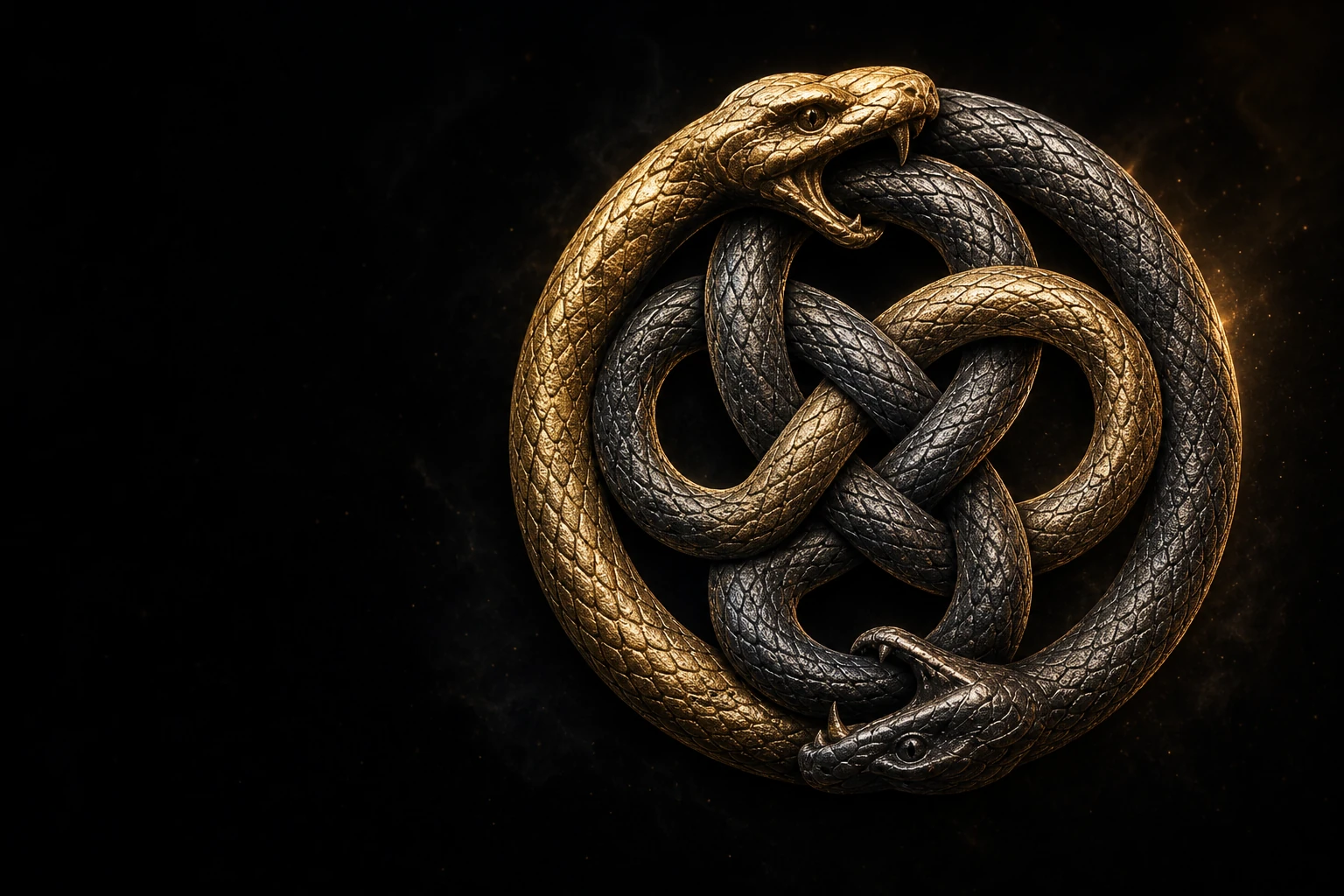 AURYN circular tridimensional de oro envejecido, formado por dos serpientes entrelazadas